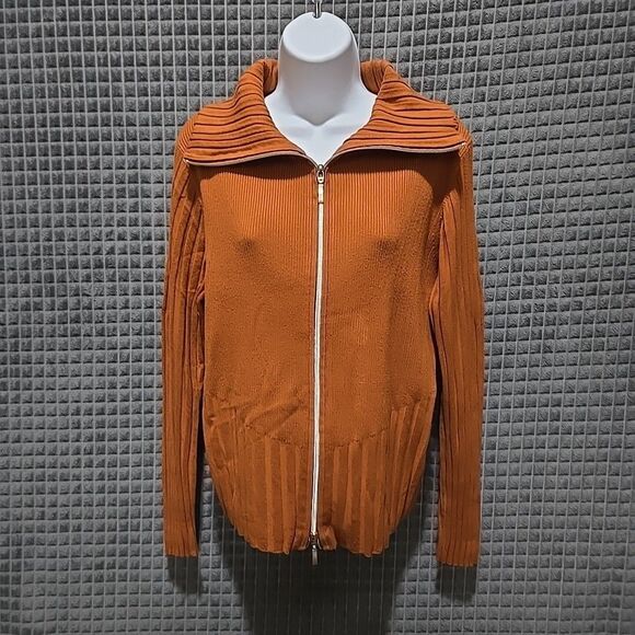 Y2K Burnt Orange Ribbed Jacket SzXL Belldini Retro Slinky Stretch FullZip Preppy - Picture 3 of 16